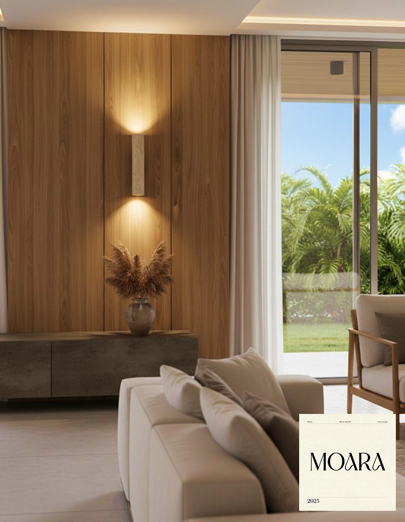 Luminária MOARA Rio: Coluna Travertino e Madeira